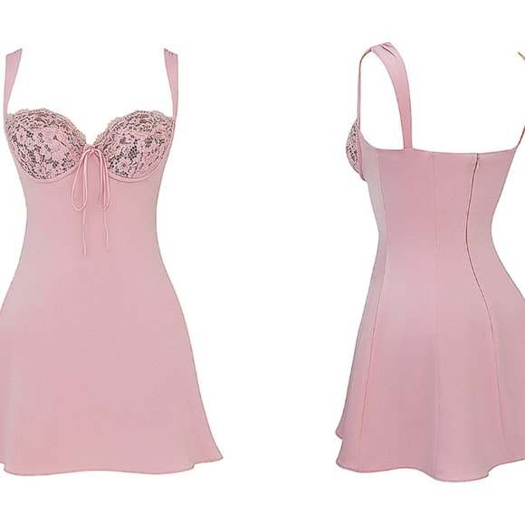 HOUSE OF CB 'Adriana' Rose Satin And Lace Mini Dress NWOT - Picture 6 of 11